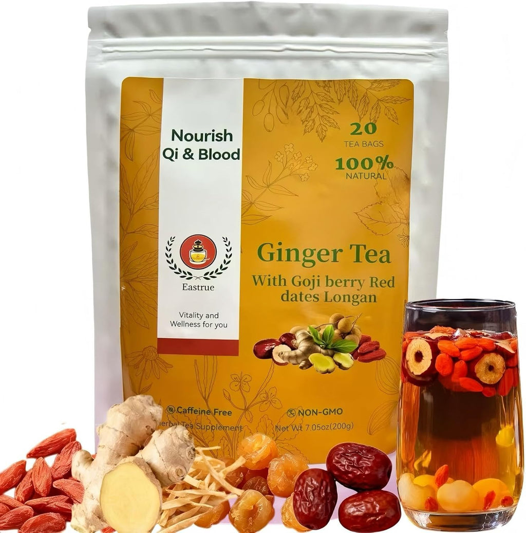Eastrue Ginger Tea Blend Goji Berry,Jujube Red Dates,Longan,-Supports Pregnancy Nausea Relief & Morning Sickness,Postpartum Essentials & Mothers Milks Lactation Tea,Traditional Chinese Herbal Tea for Women,Caffeine-Free,Organic,(200g/20Bags)