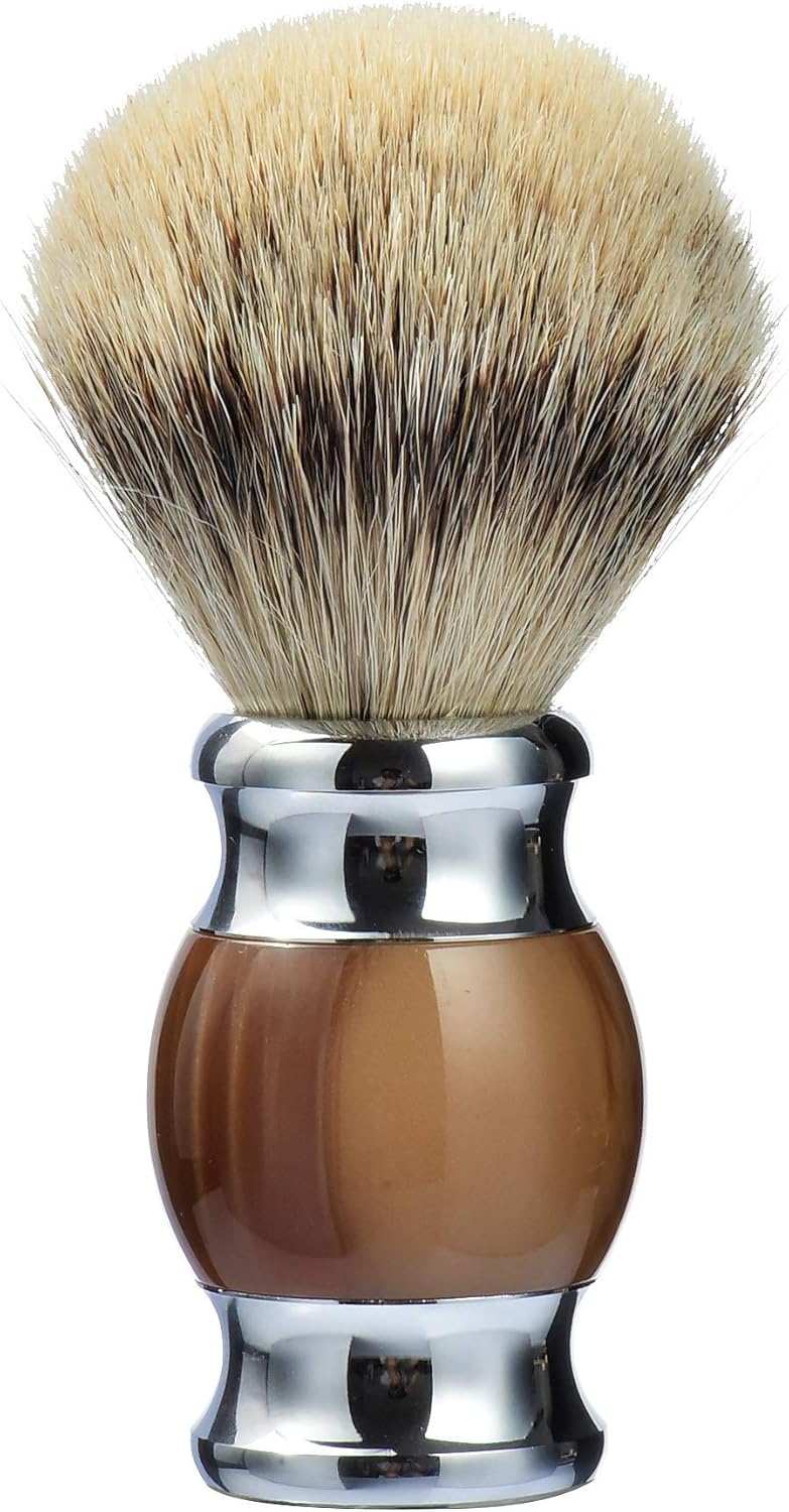 JEQUIL&CORENVEO 100% Silvertip Badger Hair Shaving Brush, Handmade Shaving Brush with Fine Resin Handle and Stainless Steel Base (Brown)