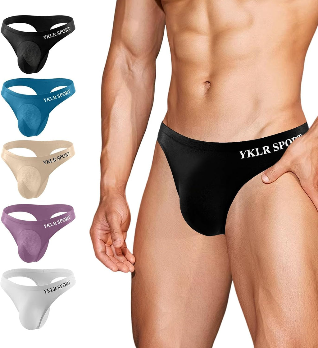 Mens Thongs Underwear 5 Pack, Stretchy Breathable Nylon Spandex G String for Men, Low Rise T Back Sexy Thong