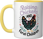 Raising Chickens And Feral Children Ceramic Mug, Yellow/White