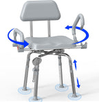 Swivel Shower Chair with Arms and Back,Anti-Slip Design,with Security Belt for Elderly and Disabled,Adjustable Height and Backrest,One-Touch Rotate Shower Chair,Gray