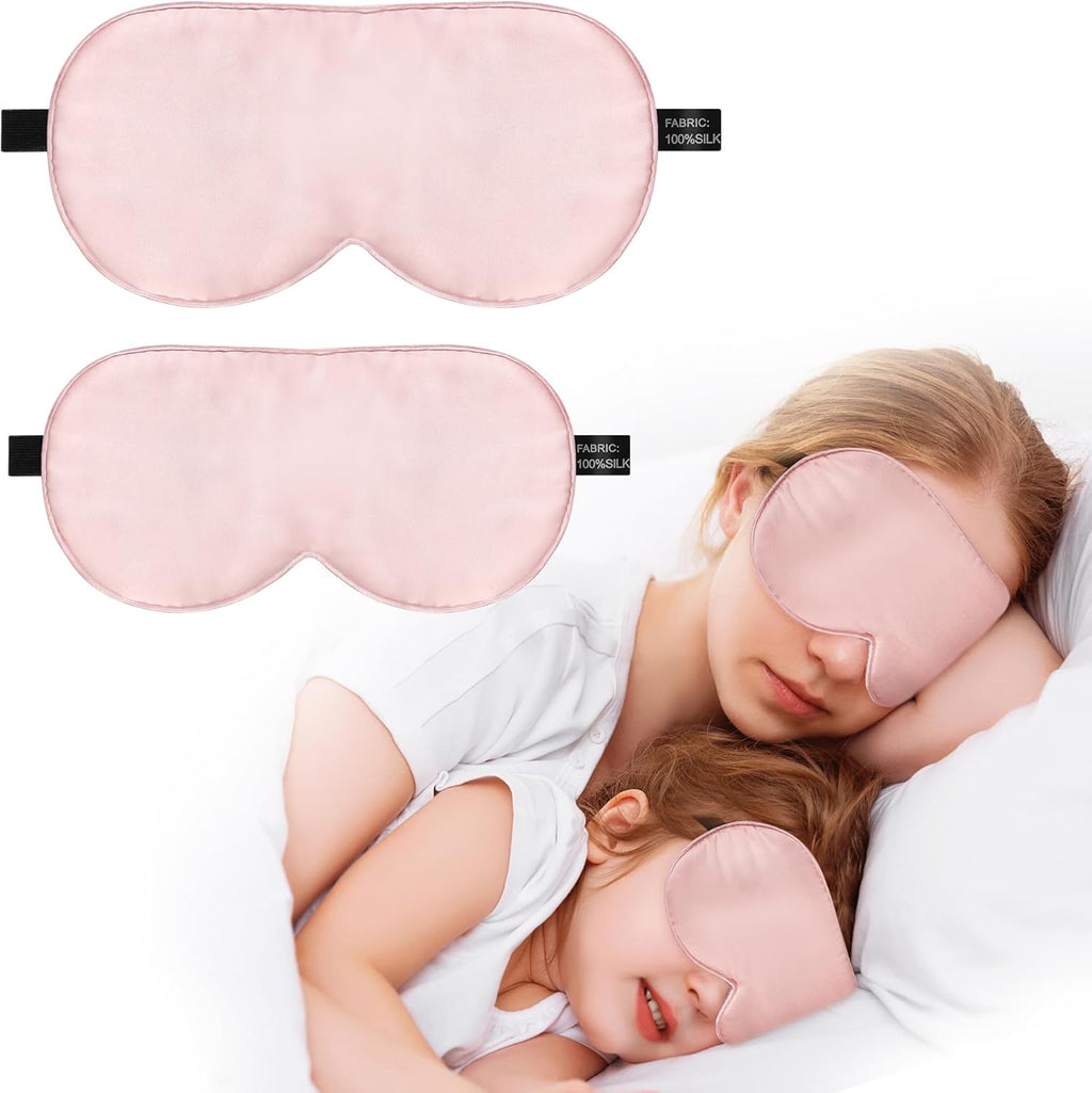 Silk Sleep Mask Eye Cover, 100% Real Natural Eye Mask for Sleeping with Adjustable Strap, 100% Silk Filling Blindfold, sleepmask for Kids/Teens/Adults, Sleeping Masks for Family (2 Pink)