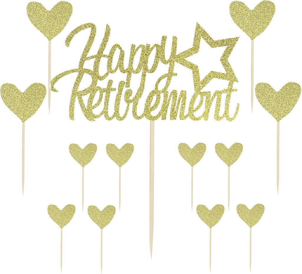 Sotpot 13PCS Gold Glitter Happy Retirement Cake Topper with Heart Cupcake Toppers Retirement Cake Decoration for Retired Party Cake Decoration Party Supplies
