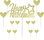 Sotpot 13PCS Gold Glitter Happy Retirement Cake Topper with Heart Cupcake Toppers Retirement Cake Decoration for Retired Party Cake Decoration Party Supplies