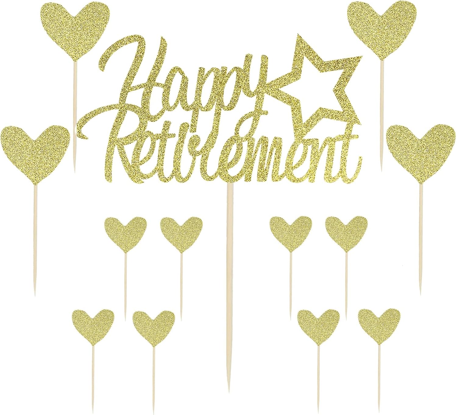 Sotpot 13PCS Gold Glitter Happy Retirement Cake Topper with Heart Cupcake Toppers Retirement Cake Decoration for Retired Party Cake Decoration Party Supplies