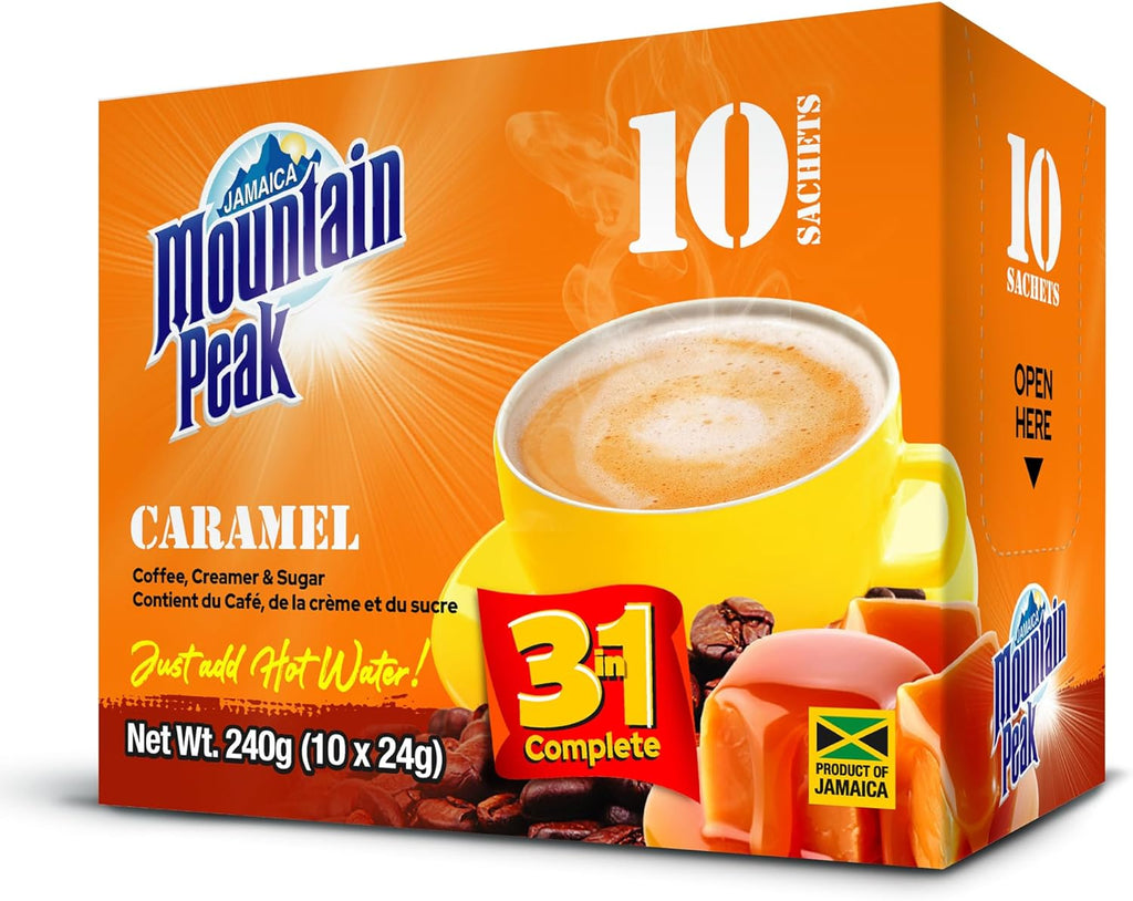 Jamaica Mountain Peak Caramel 3 in 1 Instant Coffee Mix, Coffee Creamer and Cane Sugar (10 Sachets x 24g), Rich Caramel Flavor, Smooth and Creamy, Just Add Water