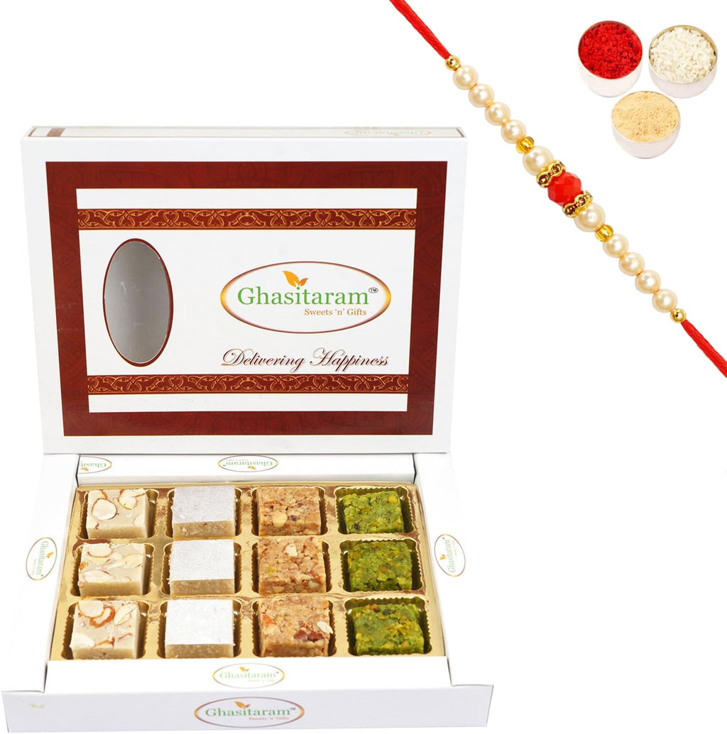 Ghasitaram Gifts Rakhi Gifts for Brothers Rakhi Sweets - Assortment of Pure Kaju Badam Pista and Walnut Barfis 12 pcs with Beads Rakhi