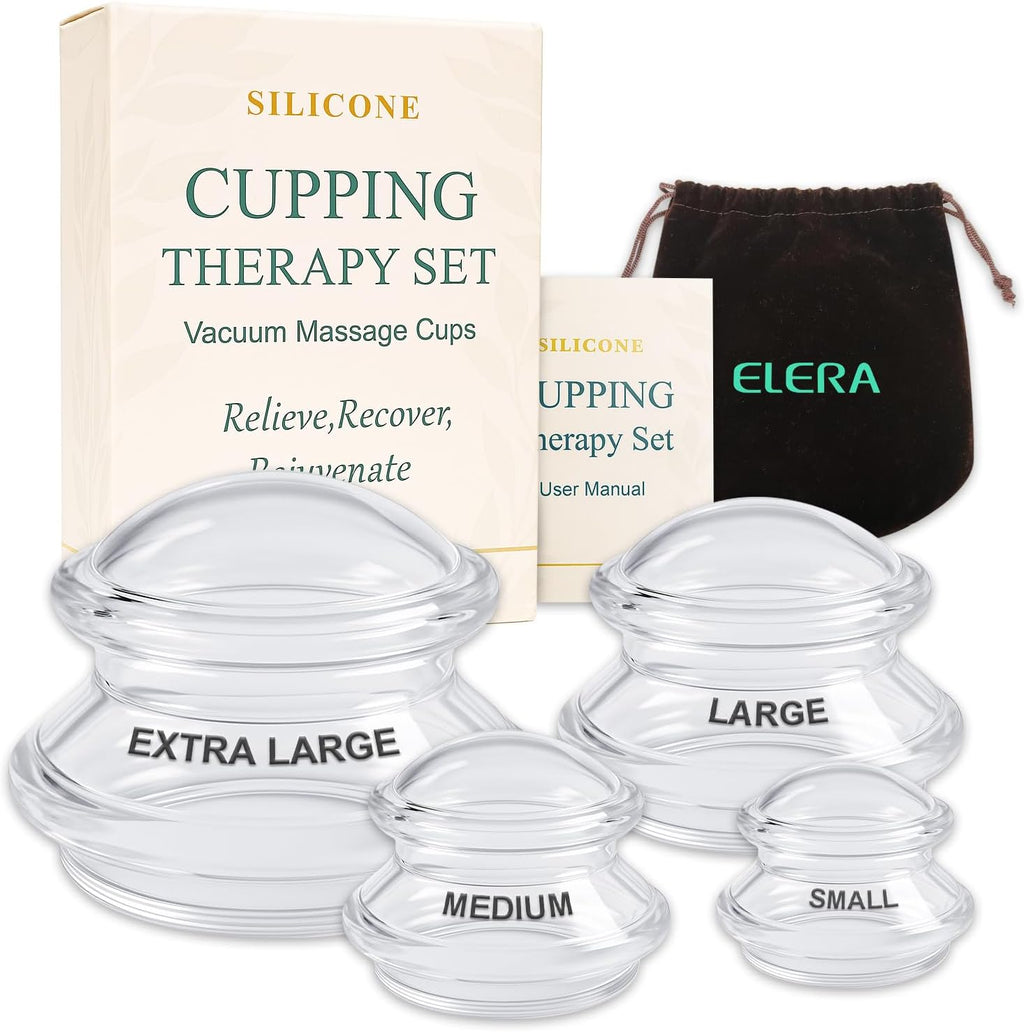 ELERA Silicone Cupping Therapy Set – Silicone Cups for Cupping in 4 Sizes (XL, L, M, S) for Cellulite Massage, Deep Tissue Relaxation & Full-Body Wellness (4-Pack)