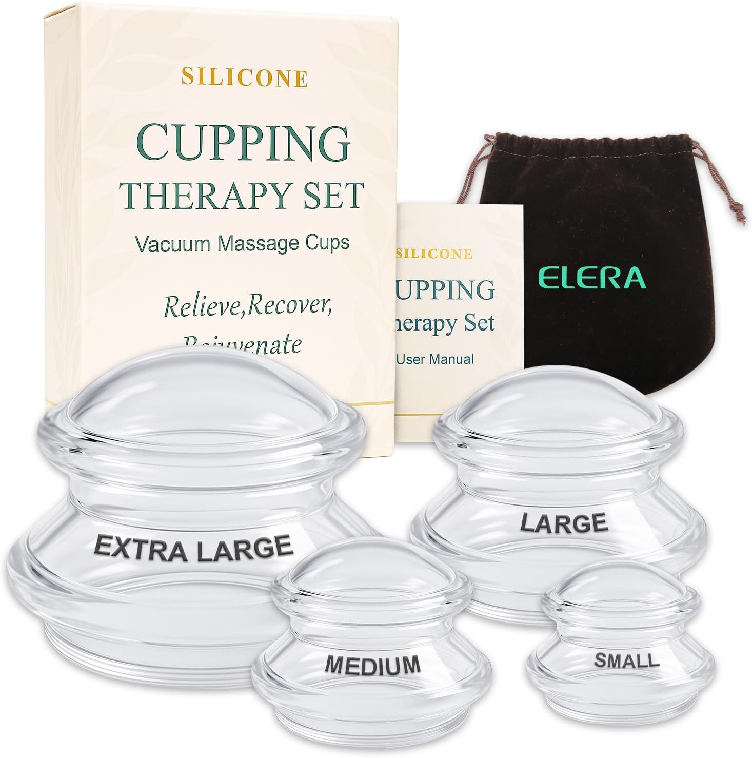 ELERA Silicone Cupping Therapy Set – Silicone Cups for Cupping in 4 Sizes (XL, L, M, S) for Cellulite Massage, Deep Tissue Relaxation & Full-Body Wellness (4-Pack)