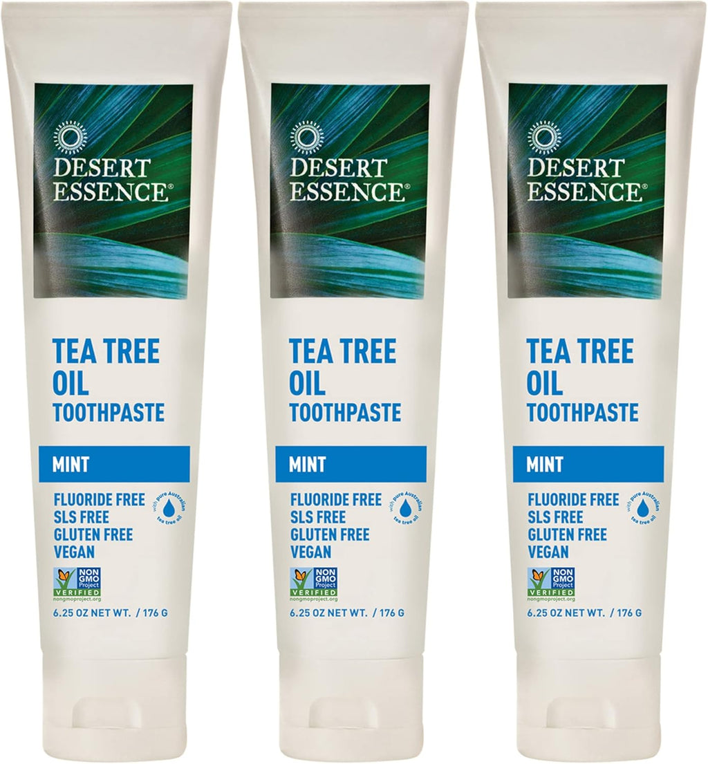 Desert Essence Tea Tree Oil Toothpaste - Mint - 18.75 Oz (6.25 Oz * Pack of 3) - Refreshing Taste - Deep Cleans Teeth & Gums - Helps Fight Plaque - Sea Salt - Pure Essential Oil - Baking Soda