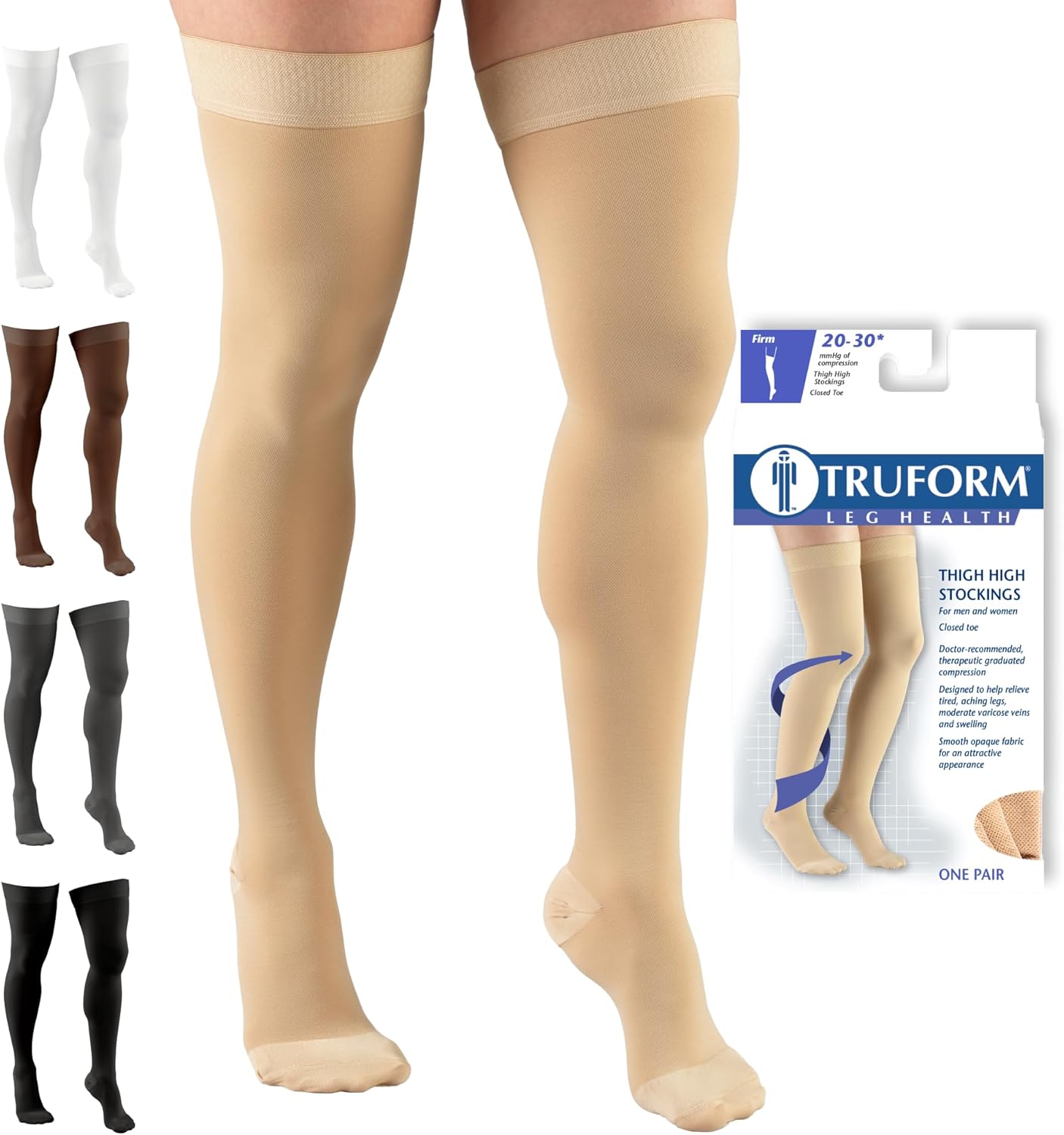 Truform 20-30 Mmhg Compression Stockings for Men & Women, Thigh High Length, Dot Top, Closed Toe, Beige, Medium