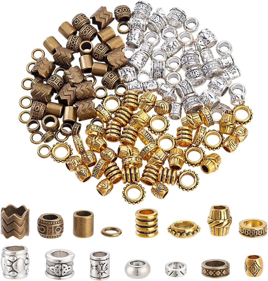 NBEADS 150 Pcs 15 Styles African & Tibetan Style Alloy Dreadlock & Beard Beads - Big Hair Beads for Men & Women Hair Braids & Decoration, Silver/Golden/Bronze, Hole 5-9mm