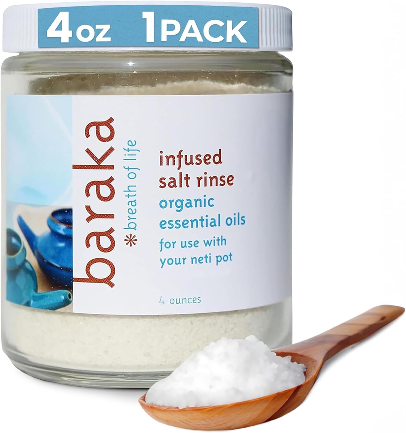 Baraka Infused Sea Salt - Sinus Rinse & Nose Cleaner, Nasal Rinse for Ceramic Neti Pot, Neti Salt w/Essential Oils of Virginia Cedarwood, Palmarosa, Green Myrtle, Fir Balsam & Rosemary - 4oz 1-Pack