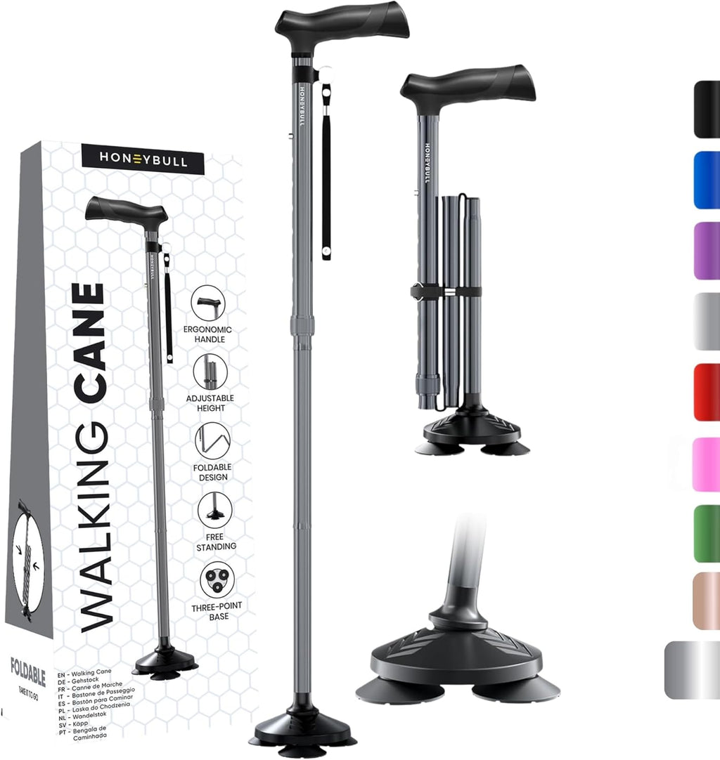 HONEYBULL Walking Cane for Men & Women Foldable, Adjustable, Heavy Duty, Free Standing, All Terrain, Collapsible Walking Sticks for Seniors & Adults (Gray)