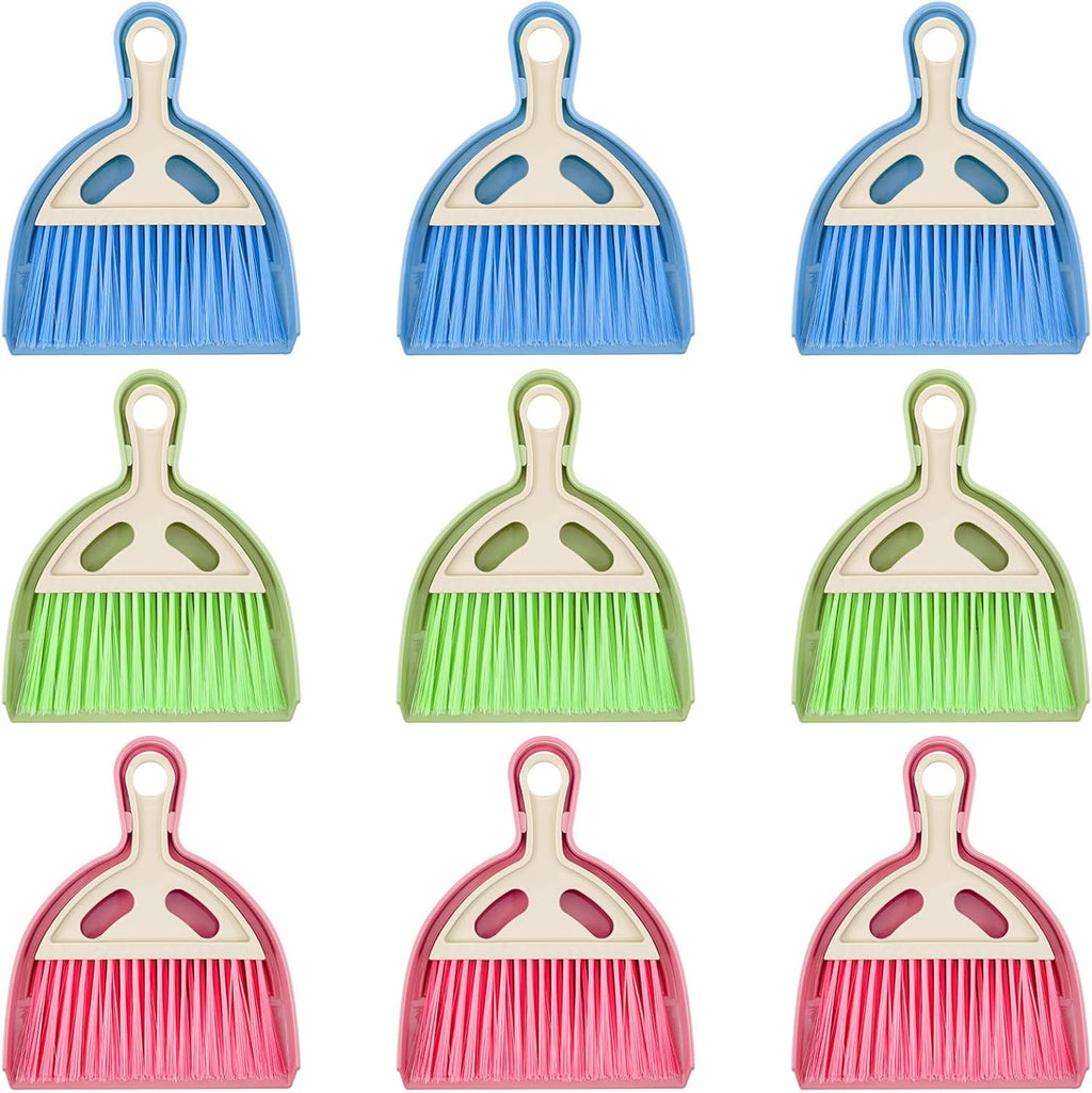9 Pcs Small Dustpan and Brush Set Mini Broom and Dustpan Set with Handle Nesting Portable Cleaning Tools for Home Office Car Keyboard Countertop and Pet Nest (Blue Red Green)