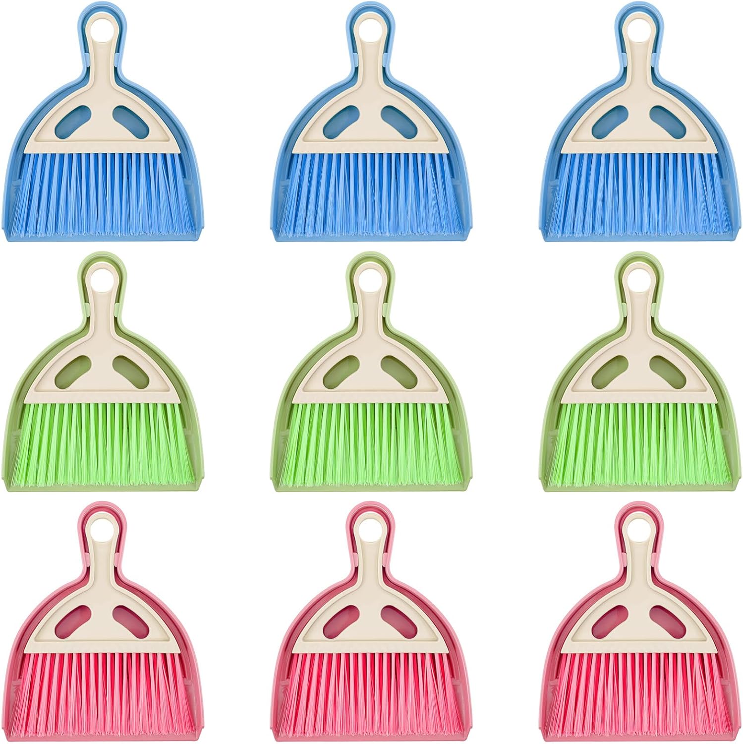 9 Pcs Small Dustpan and Brush Set Mini Broom and Dustpan Set with Handle Nesting Portable Cleaning Tools for Home Office Car Keyboard Countertop and Pet Nest (Blue Red Green)