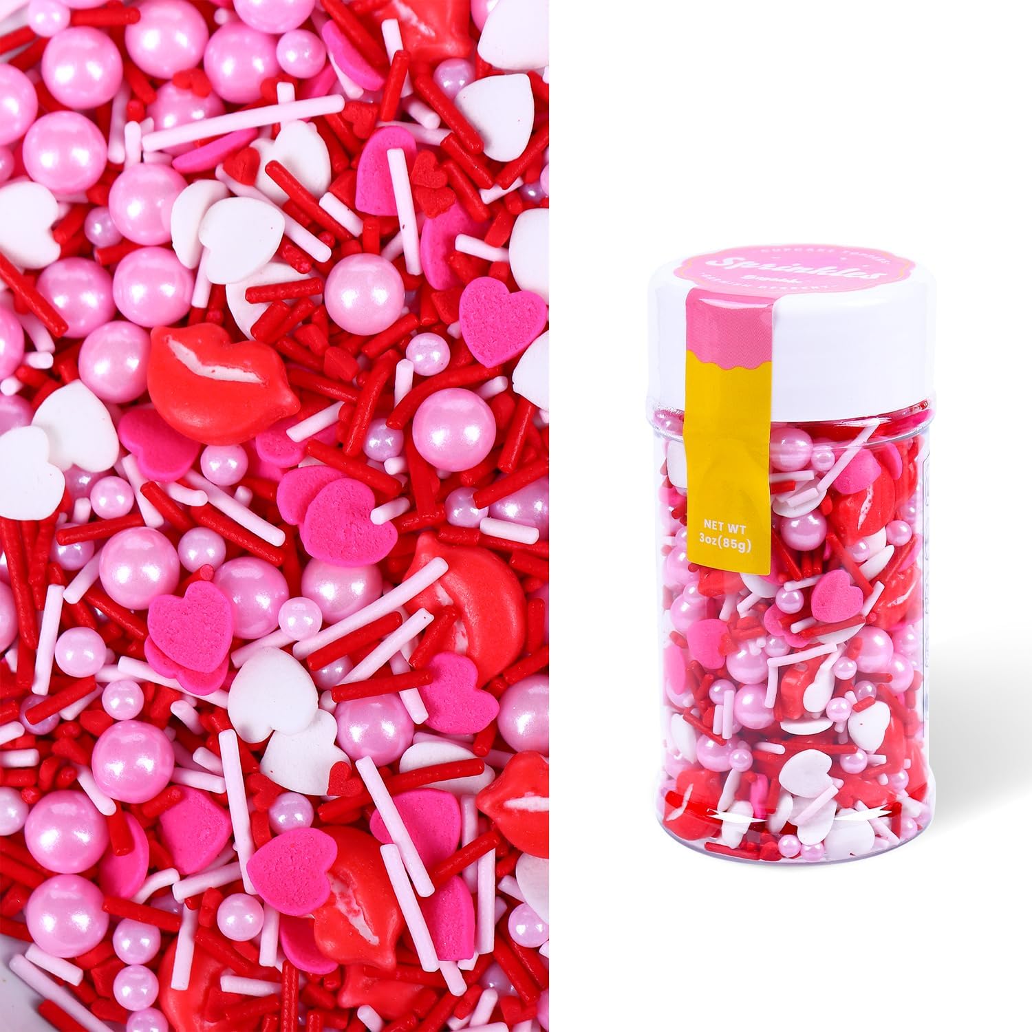 Valentines Sprinkles for Baking, Pink and Red Sprinkles, Heart Jimmies Pearl Sprinkle for Cake Toppers, Kiss Lips Sprinkles Mix 3oz