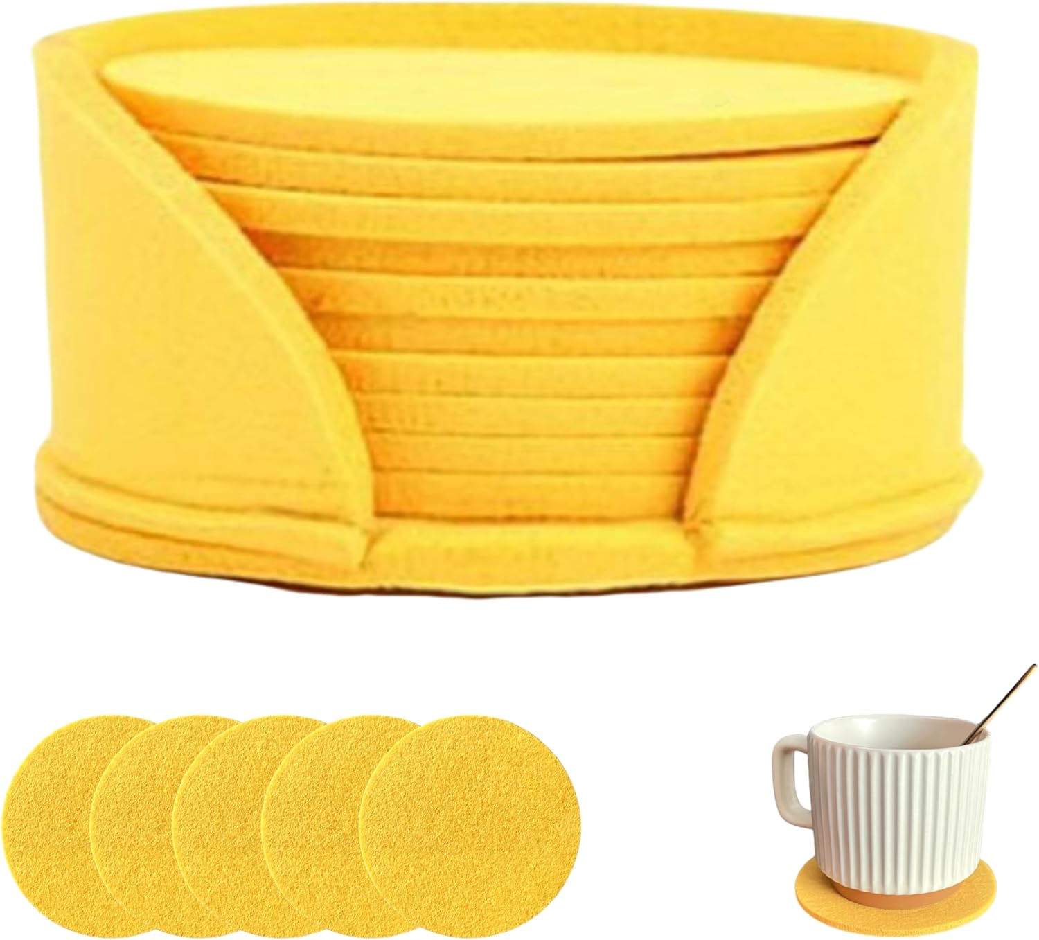 10 Pcs Felt Coasters with Holder, Coasters for Drinks Absorbent, Cup Mat Desk Coaster for Drinks Bar Home Coffee Table Decor Heat Resistant Tabletop Protection, 4Inch (Yellow)