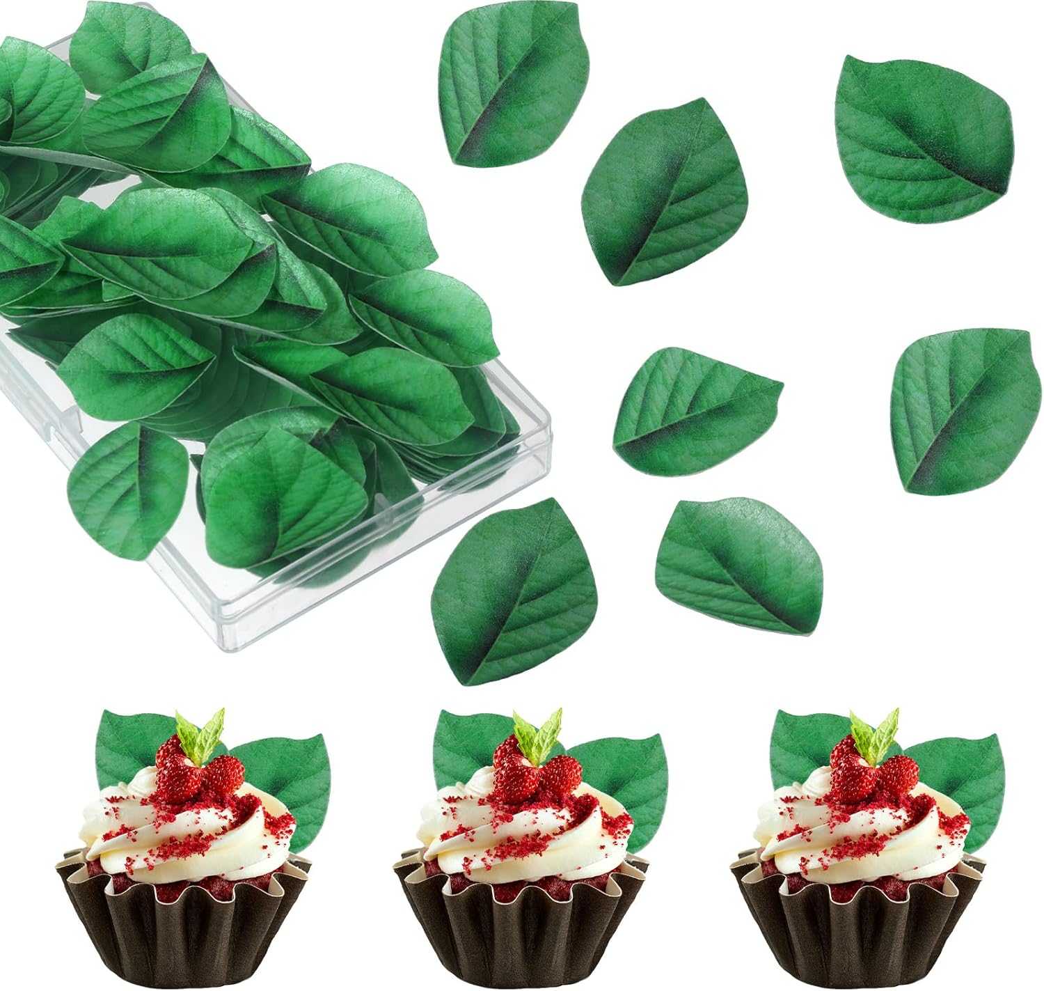 100 Pcs Edible Leaves Cupcake Toppers, Wafer Paper Leaf Cake Toppers Edible Leaf Cake Topper Green Leaves Cakes Decoration for Hawaii Aloha Summer Jungle Theme Wedding Birthday Baby Shower