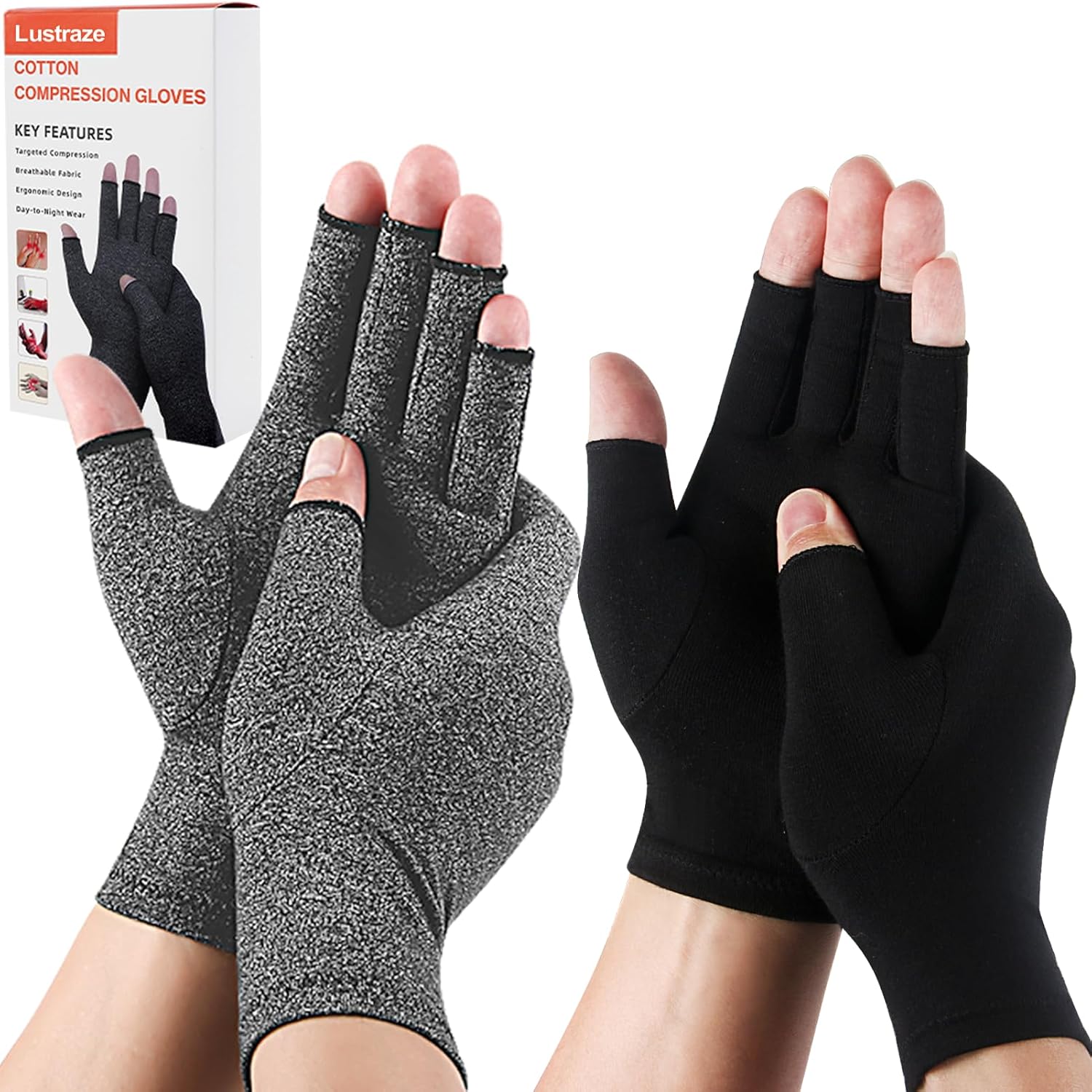 2 Pairs Arthritis Gloves for Women and Men, Pain Relief Compression Gloves Women,Fingerless Breathable Design