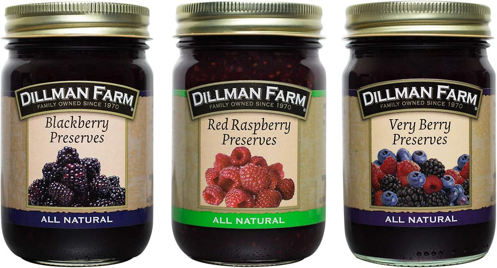 Dillman Farm All Natural Berry Preserves Variety 3 Pack |Blackberry Preserves, Raspberry Preserves & Very Berry Preserves| Gluten-Free, Non-GMO, Vegan, Kosher, Eco-Friendly, Preservative Free - 16 oz