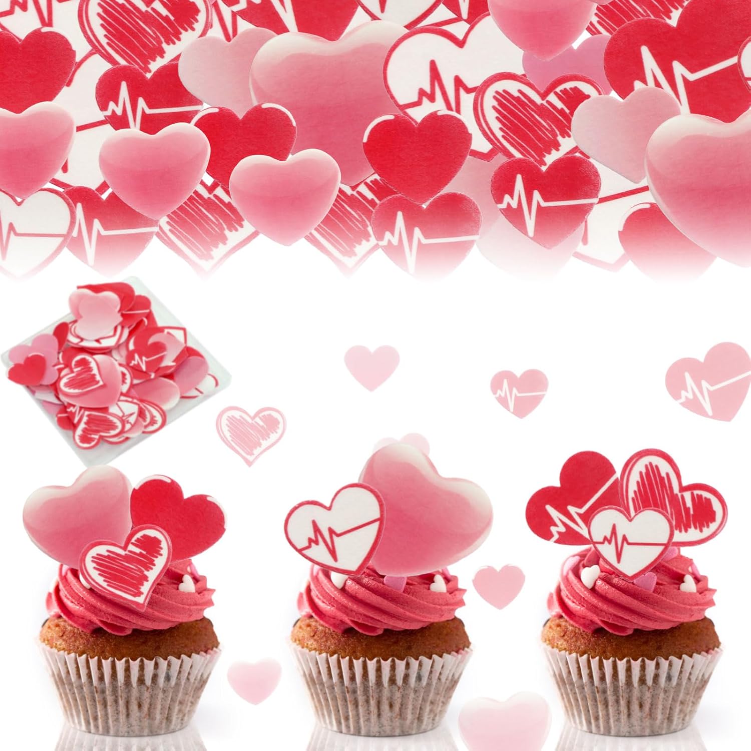 80 Pcs Edible Valentine's Day Heart Cupcake Toppers, Red Edible Heart Cake Decorations for Valentine's Day Theme Birthday Party Supplies