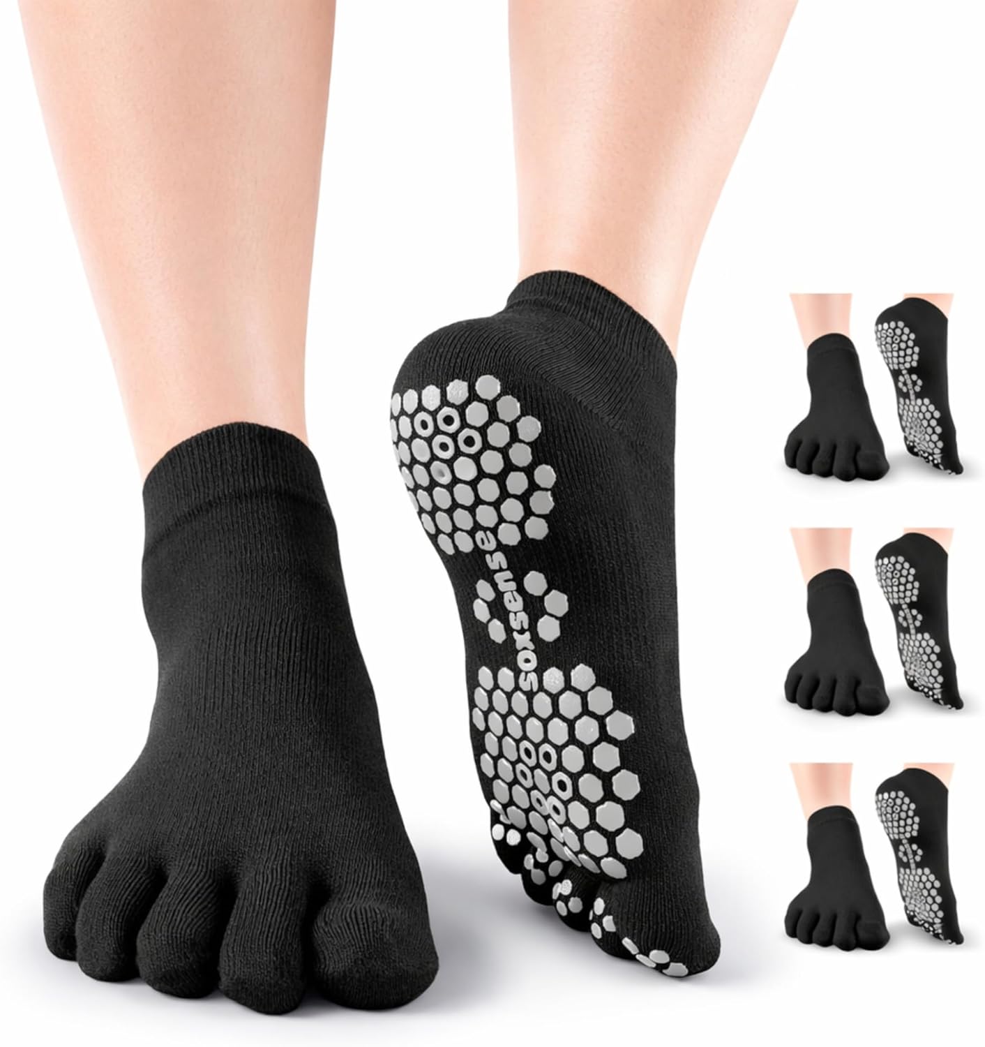 Soxsense Multi-Pack Sports Grip Toe Socks with Cushion, Non-Slip Finger Socks for Pilates, Home Gym, Soccer, basketball