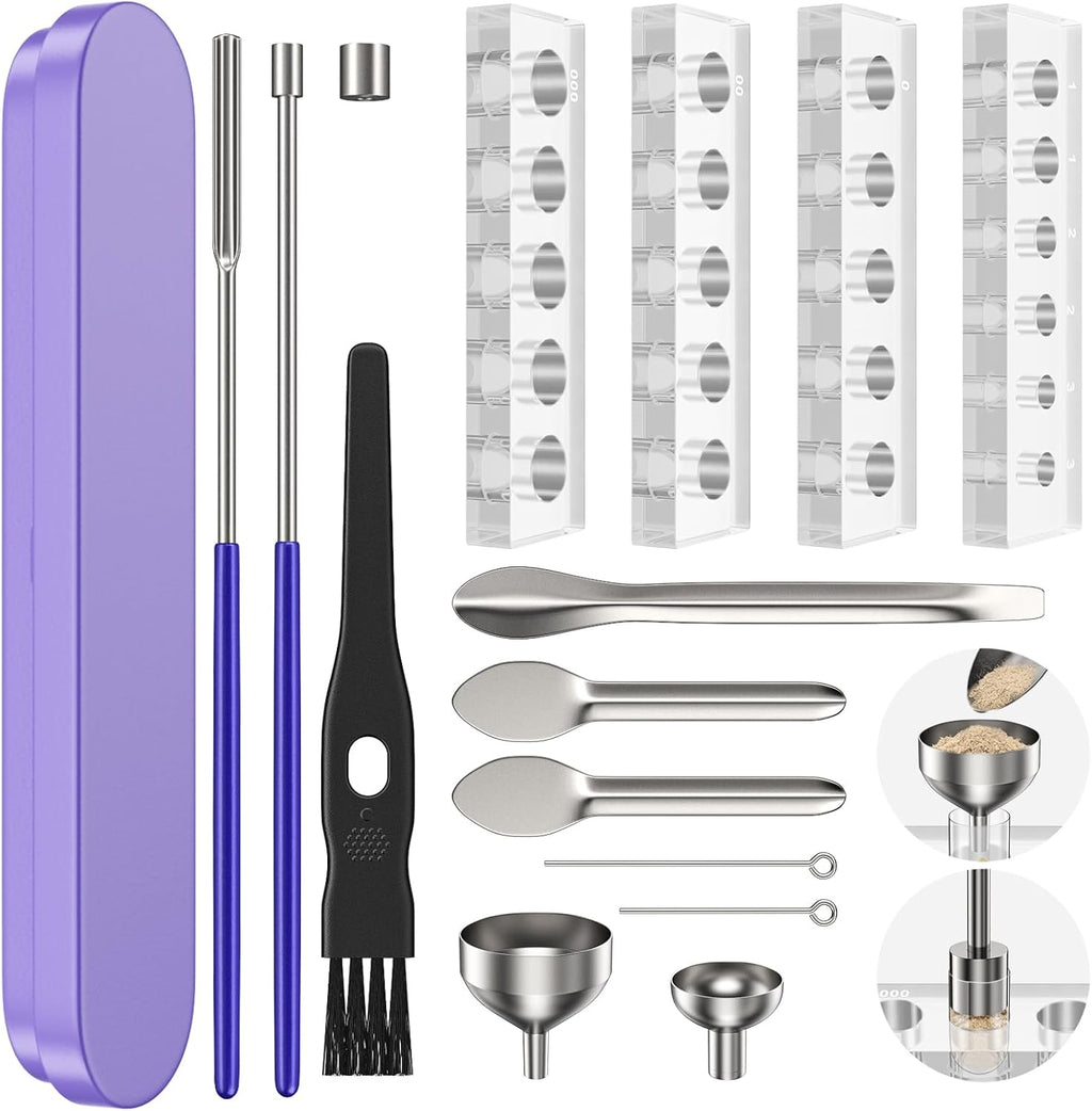 15Psc Filling Tools Tray Kit - Capsule Tamper Filler Maker Tool & Tray Holder - for Home & Lab Empty Gel Spoon Scoops Funnel Fill Size #000 00 0 1 2 3 Funnels