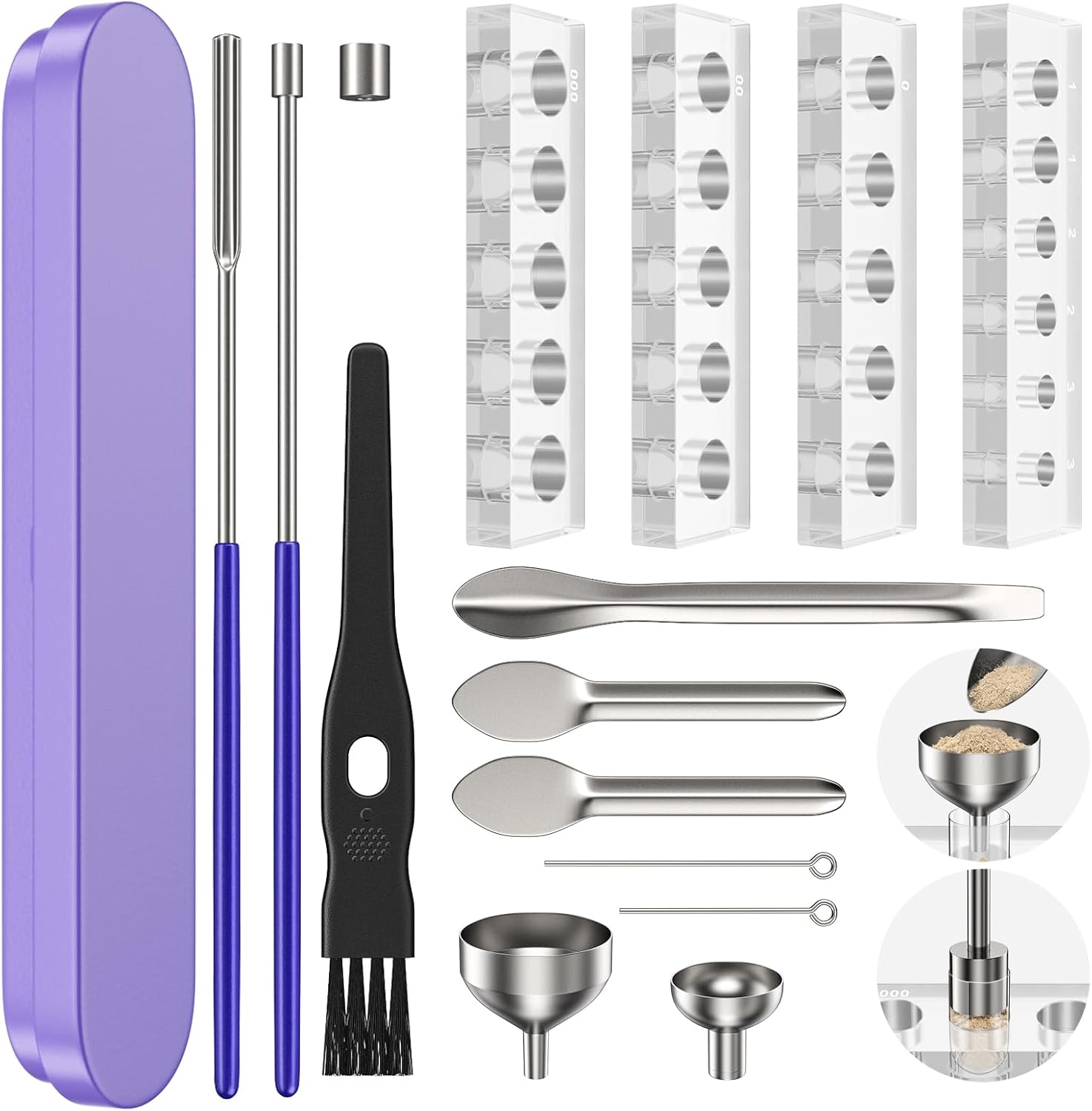 15Psc Filling Tools Tray Kit - Capsule Tamper Filler Maker Tool & Tray Holder - for Home & Lab Empty Gel Spoon Scoops Funnel Fill Size #000 00 0 1 2 3 Funnels
