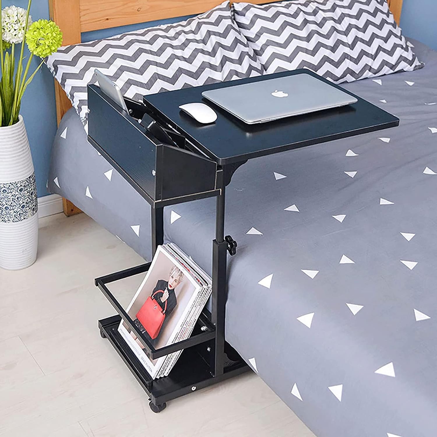 Side Table, Movable Laptop Table, Height Adjustable Overbed Table Computer Work Station with Wheels and Storage Rack, Overbed and Chair Table Portable Desk for Working Dining Studying
