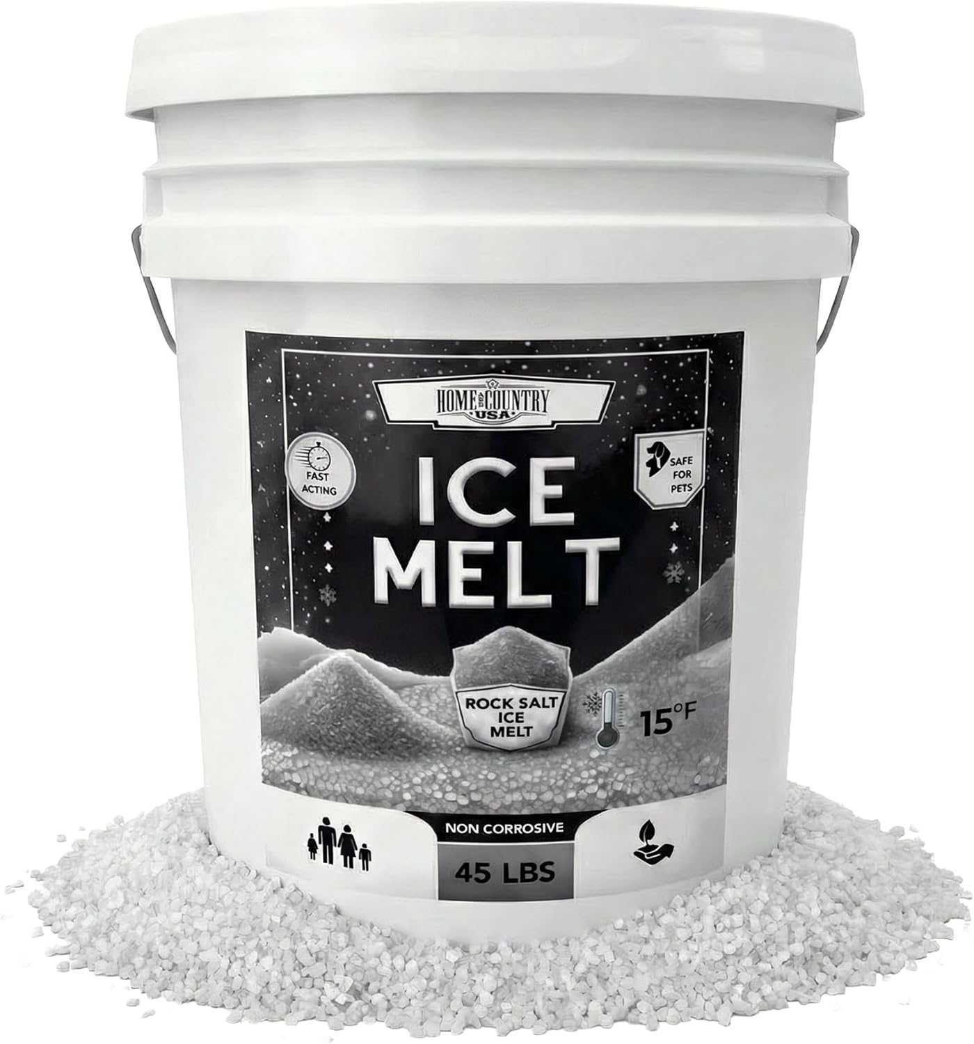 Rock Salt Ice Melt Pail De-Icer, Optimal Granule Size for Quick Melting, Ideal for Driveways, Walkways, and Entryways 45 lb Pail