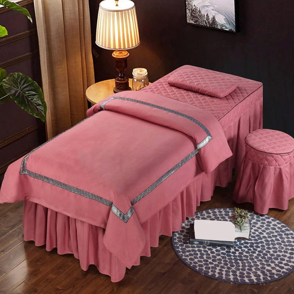 4-Piece Microfiber Massage Table Sheet Set Reusable Massage Bed Cover with Holes Full Bed Cover with Pillowcase Stool Cover Beauty Salon Bedspread&Skirt Spa Bed Skirt (Red,180x60cm(71x24 Inch))