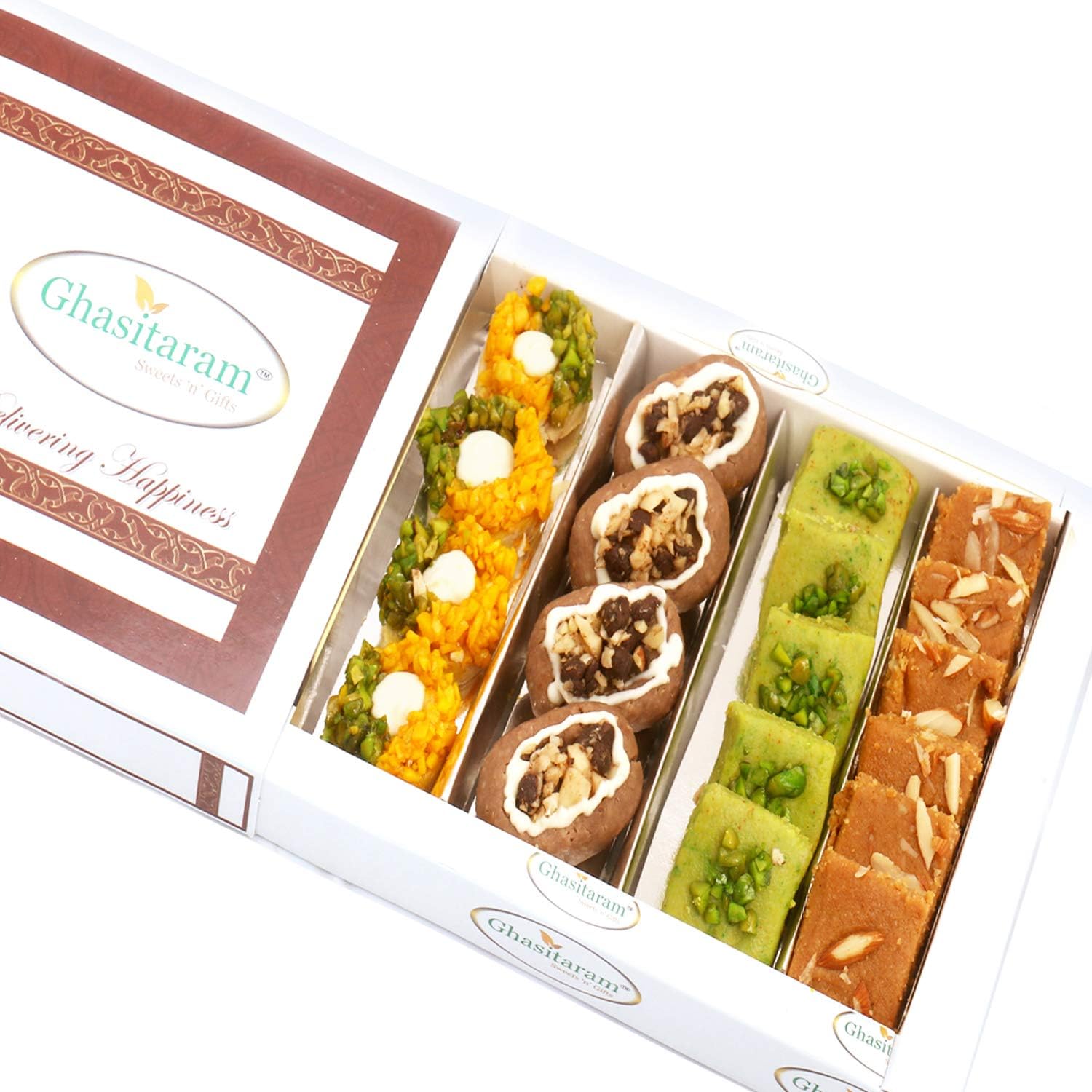 Ghasitaram Gifts Diwali Gifts Sweets- Assorted Box of Pista Barfi, Kesar Pista Delight, Choco Boat and Besan Barfi 400 GMS