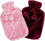 2 x Hot Water Bottles - Luxury Cosy Faux Fur Fleece Cover with Pom Poms - Natural Rubber 2 Litre Capacity - (Pink and Plum)