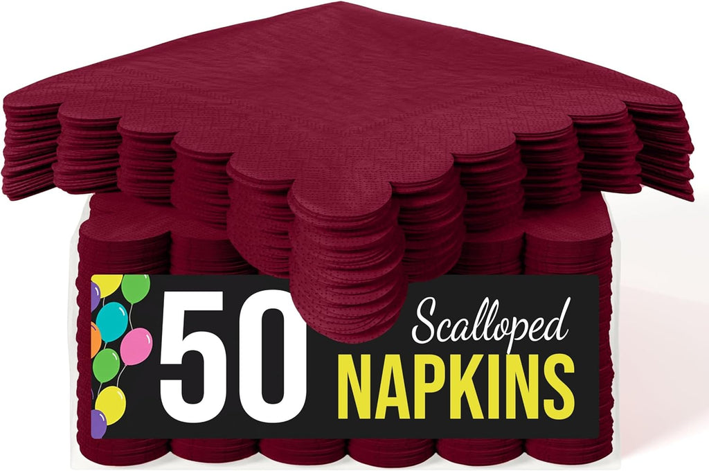 Party Solids Burgundy Scalloped Napkins Disposable 50 Pcs 2-Ply Burgundy Scalloped Cocktail Napkins Paper Everyday for Cocktail Parties, & Party Supplies