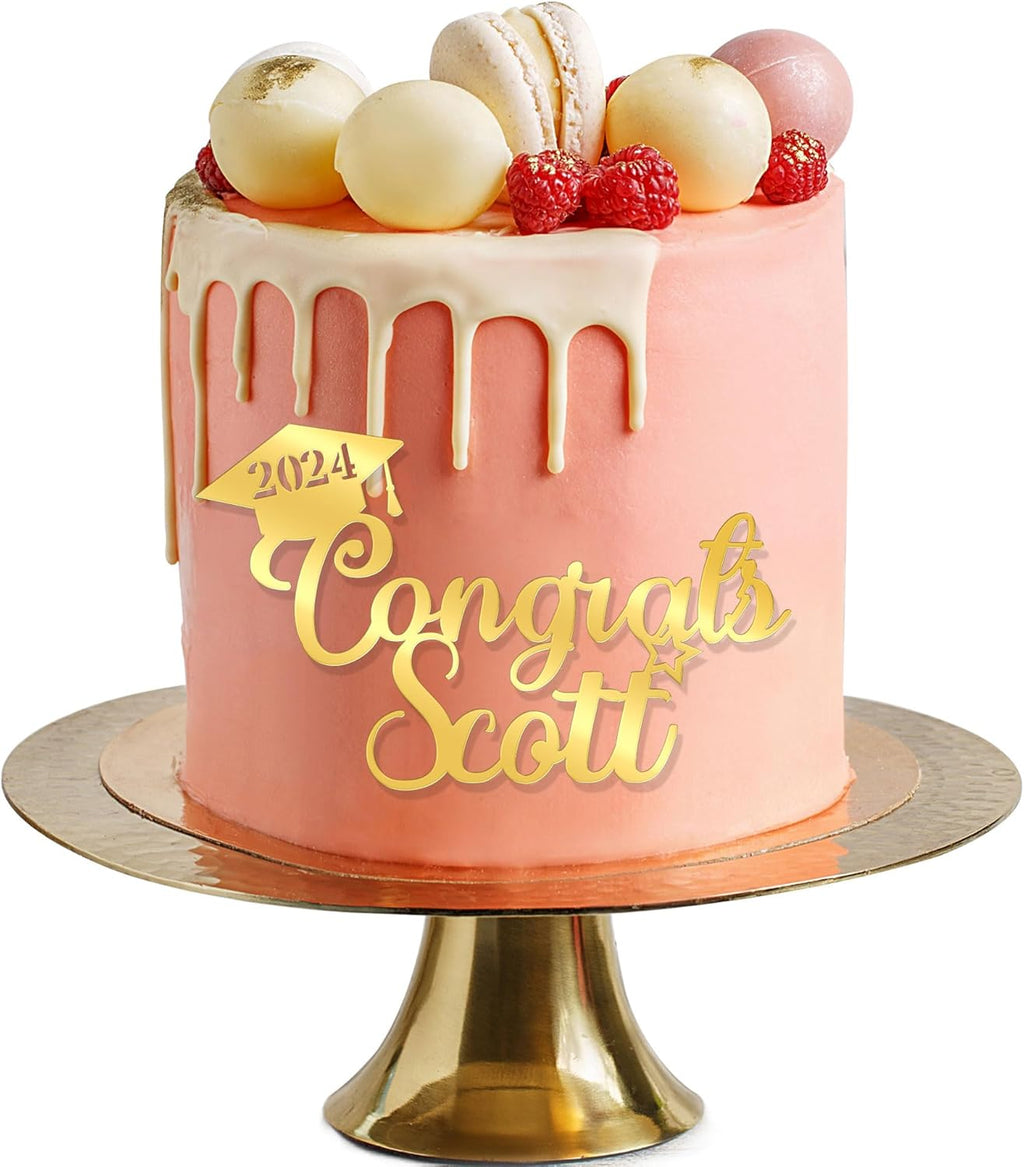 Personalized Graduation Cake Topper Gifts Class of 2024 Cake Toppers with Any Name & Year Custom Mirrored Acrylic Congrats Gift Cake Decorations for High School University Celebration Party(Gold)