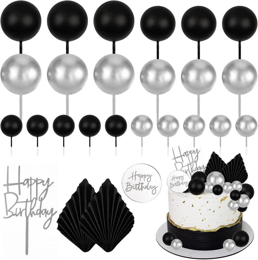 MEMOVAN 26pcs Man Birthday Cake Topper Black Boho Cake Topper Black Silver Balls Palm Leaves Cake Decorations for Man Boy Bohemian Black Silver Theme Wedding Baby Shower Birthday Party