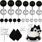 MEMOVAN 26pcs Man Birthday Cake Topper Black Boho Cake Topper Black Silver Balls Palm Leaves Cake Decorations for Man Boy Bohemian Black Silver Theme Wedding Baby Shower Birthday Party