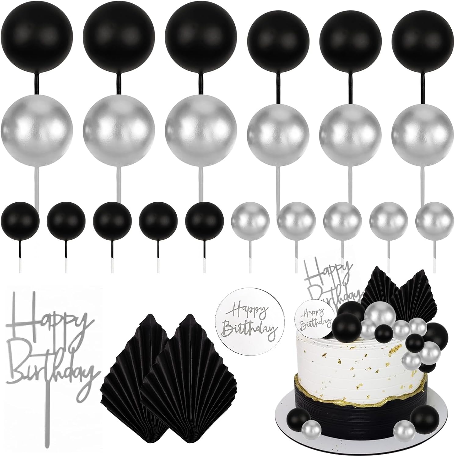 MEMOVAN 26pcs Man Birthday Cake Topper Black Boho Cake Topper Black Silver Balls Palm Leaves Cake Decorations for Man Boy Bohemian Black Silver Theme Wedding Baby Shower Birthday Party