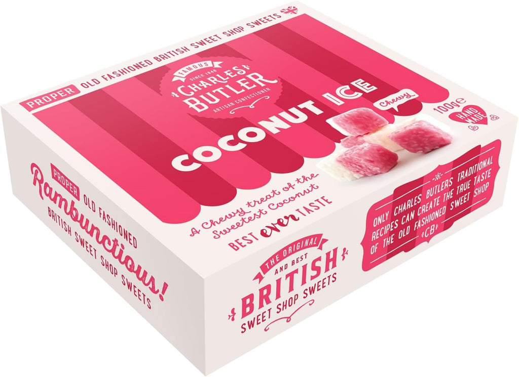 Charles Butler Coconut Ice Candy 100g (3.5 Oz) - Handmade Pink & White Coconut Sweets | Chewy English Treat | Old Fashioned British Candy Gift Box | Traditional UK Confectionery from England