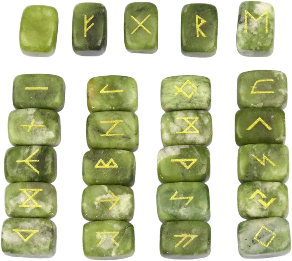 SUNYIK Natural Green Jade Rune Stones Set with Engraved Elder Futhark Alphabet Lettering Polished Healing Crystal Kit