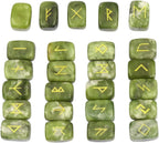 SUNYIK Natural Green Jade Rune Stones Set with Engraved Elder Futhark Alphabet Lettering Polished Healing Crystal Kit