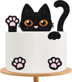 Black Cat Cake Topper, Cat Birthday Cake Decor, Black Glitter Kitten Baby Shower Cake Topper for Girl, Pet Themed Birthday/Adoption DayParty Decoration