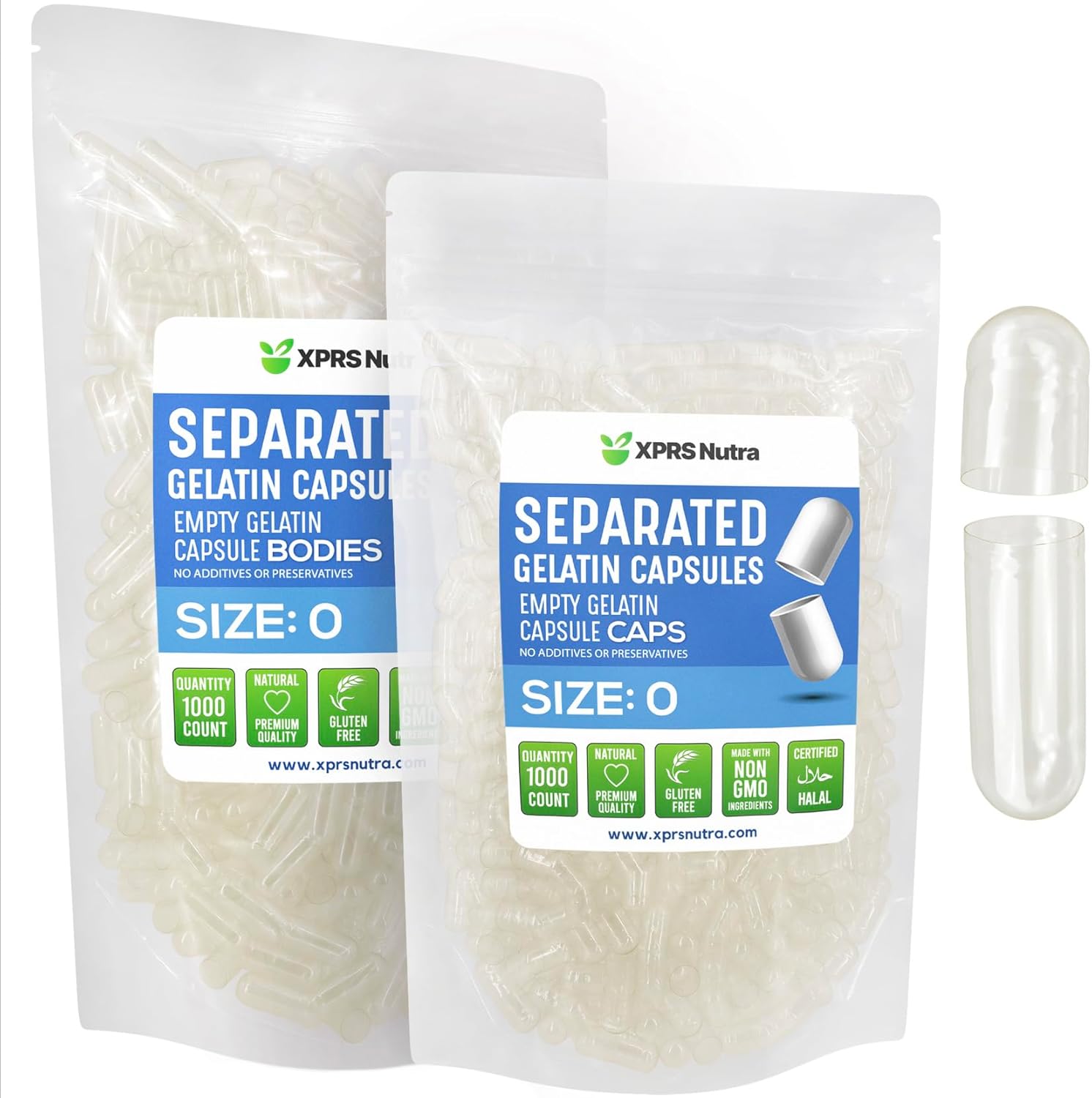 XPRS Nutra Gelatin Size 0 Separated Capsules - 1000 Count Clear Empty Capsules Separated in Bags - Size 0 Gelatin Clear Gel Caps for DIY Supplement Filling