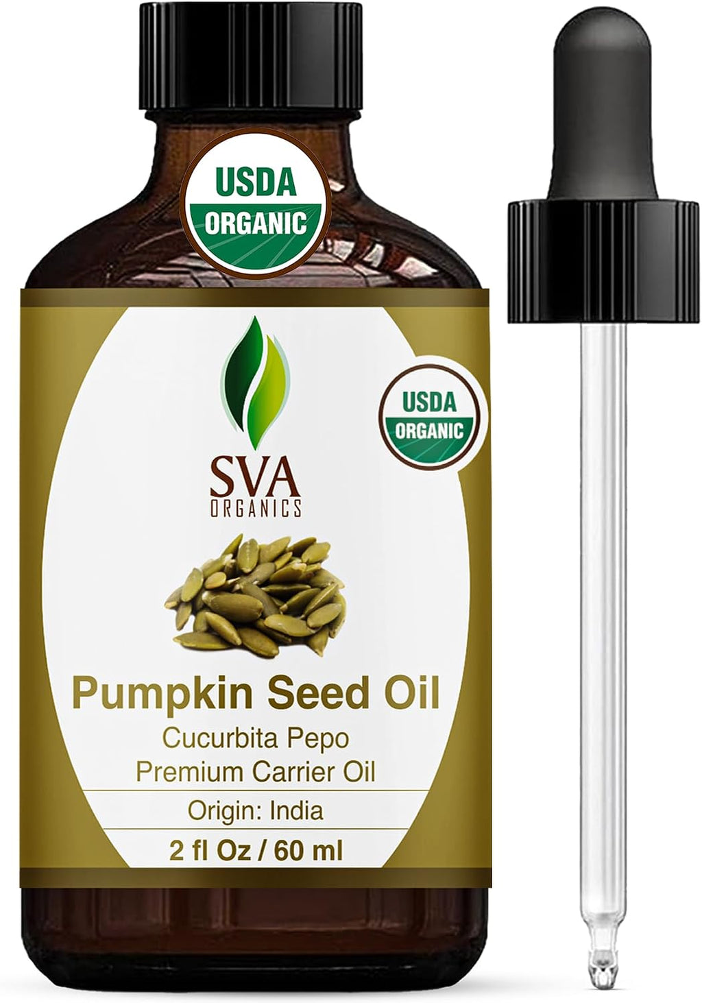 SVA Pumpkin Seed Oil Organic - 2 Fl Oz – 100% Natural Cold Pressed Pumpkin Seed Oil - for Face, Skin Care, Hair Care, Scalp Massage & Body Massage - with Dropper