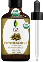 SVA Pumpkin Seed Oil Organic - 2 Fl Oz – 100% Natural Cold Pressed Pumpkin Seed Oil - for Face, Skin Care, Hair Care, Scalp Massage & Body Massage - with Dropper