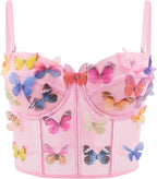 Testudineus Women Chic Butterfly Embroidered Corset Top Spaghetti Strap Sheer Mesh Push Up Bustier Bralette