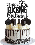 Happy 55th Birthday Cake Topper - Funny Black Glitter 55 & Fabulous Party Supplies For Men - Cheers to 55 Years Party Cake Decoration