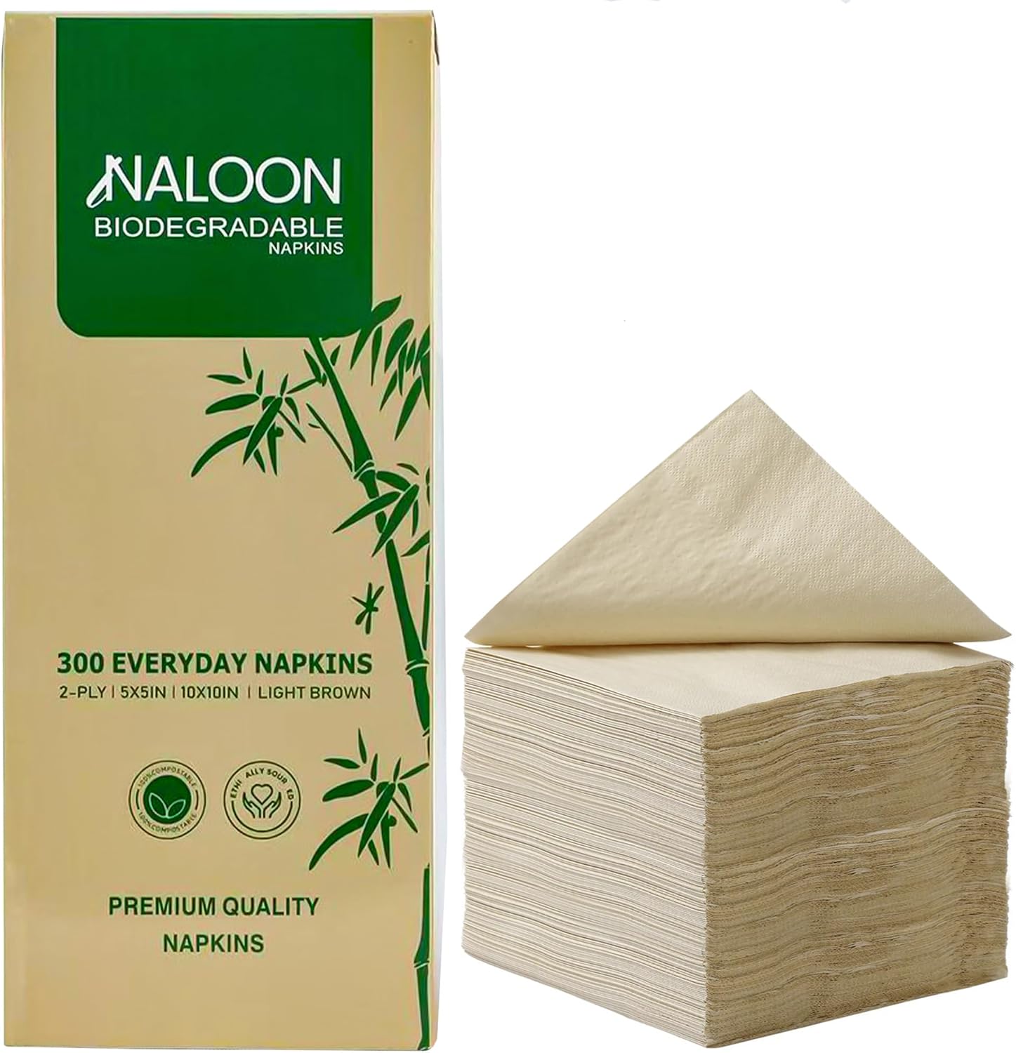 Compostable Napkins Disposable – 300 Pack | 2-Ply 5x5 Inch Cocktail Napkins | Eco-Friendly Biodegradable Paper Napkins for Lunch, Dinner, Parties & Events