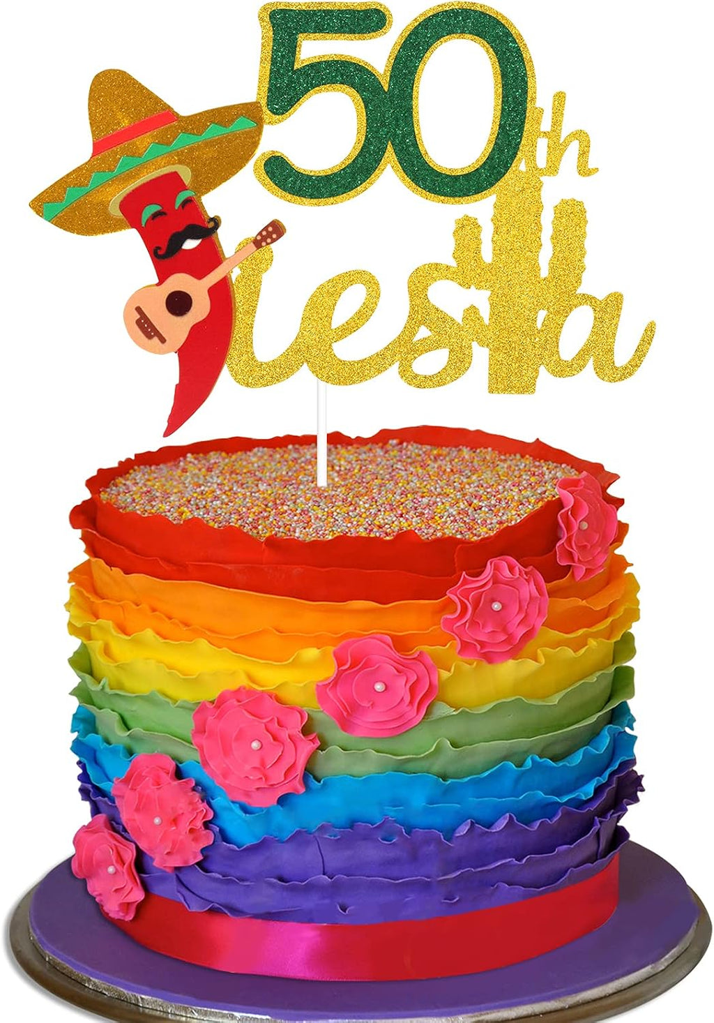 Fiesta 50th Birthday Cake Topper - Taco Bout 50 Birthday Party Glitter Chili Cake Supplies - Fabulous Fifty - Mexican Summer Fiesta Party Decoration